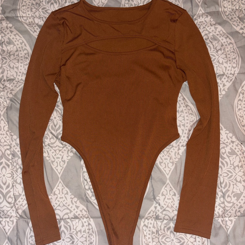 Ribbed Long Sleeve Brown Bodysuit